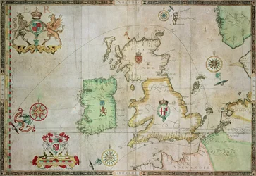 Kartta, joka näyttää Armada-laivaston reitin, kaiverrettu Augustine Ryther, 1588 (katso bw 133339)